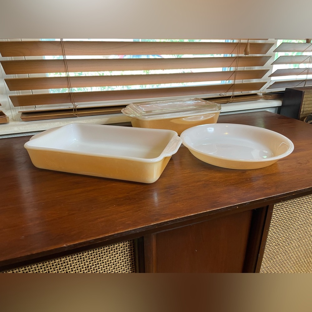 Anchor Hocking Fire King Peach Lustre Pie Plate, Loaf, and Baking Dish